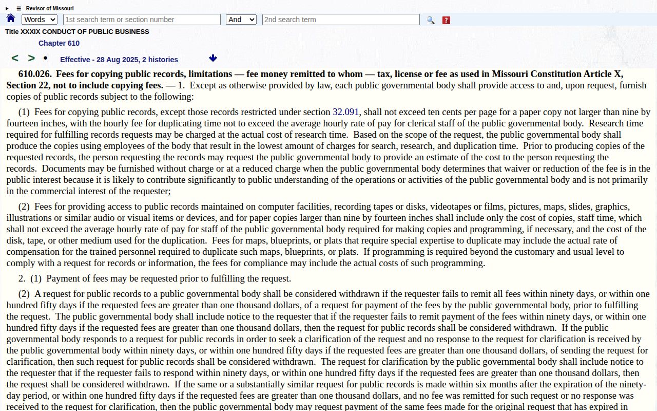Moniteau County 72-hour release Missouri public-record fee law