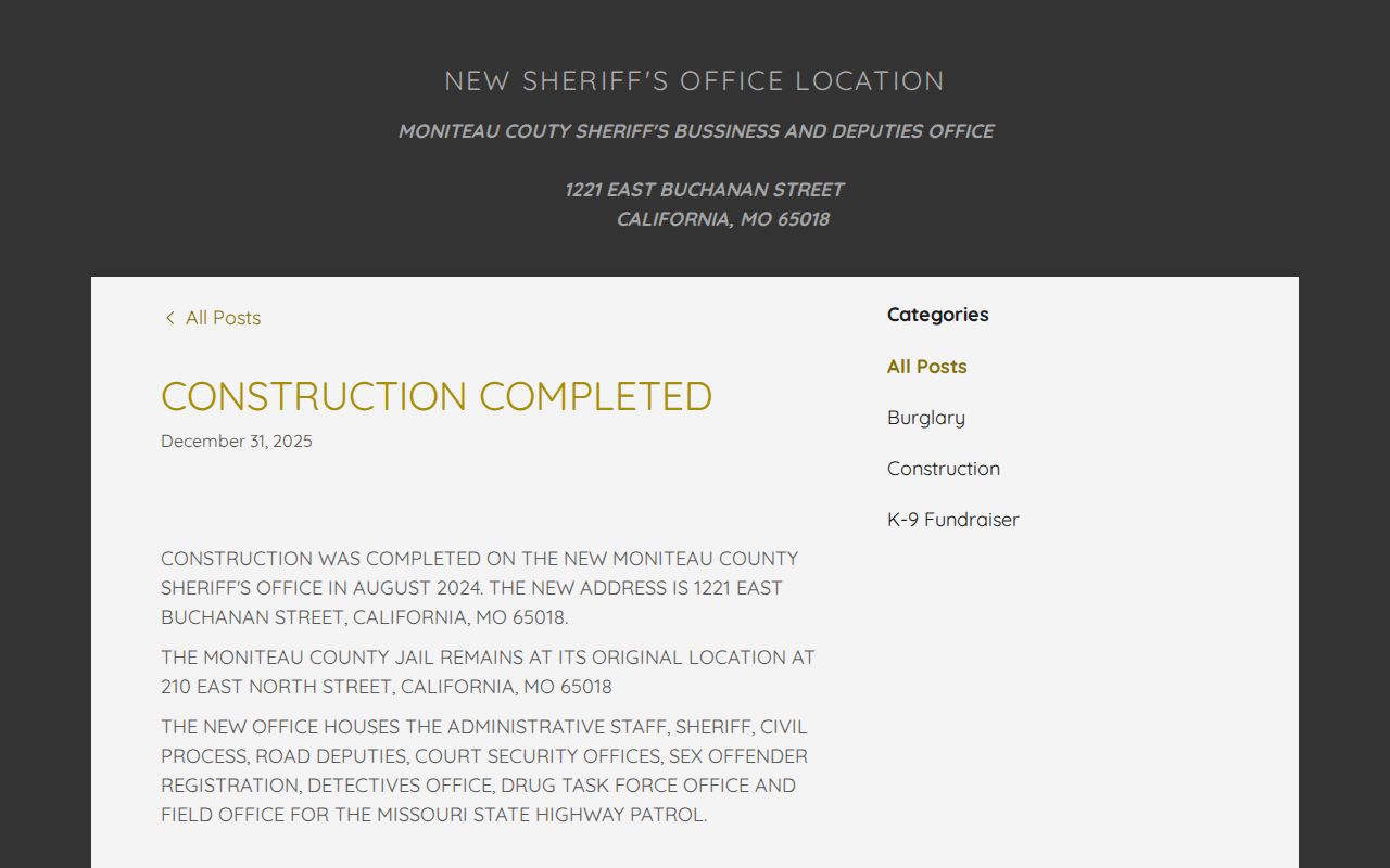 Moniteau County Jail release records address notice
