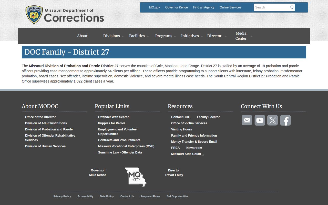 Missouri Department of Corrections District 27 profile serving Moniteau County