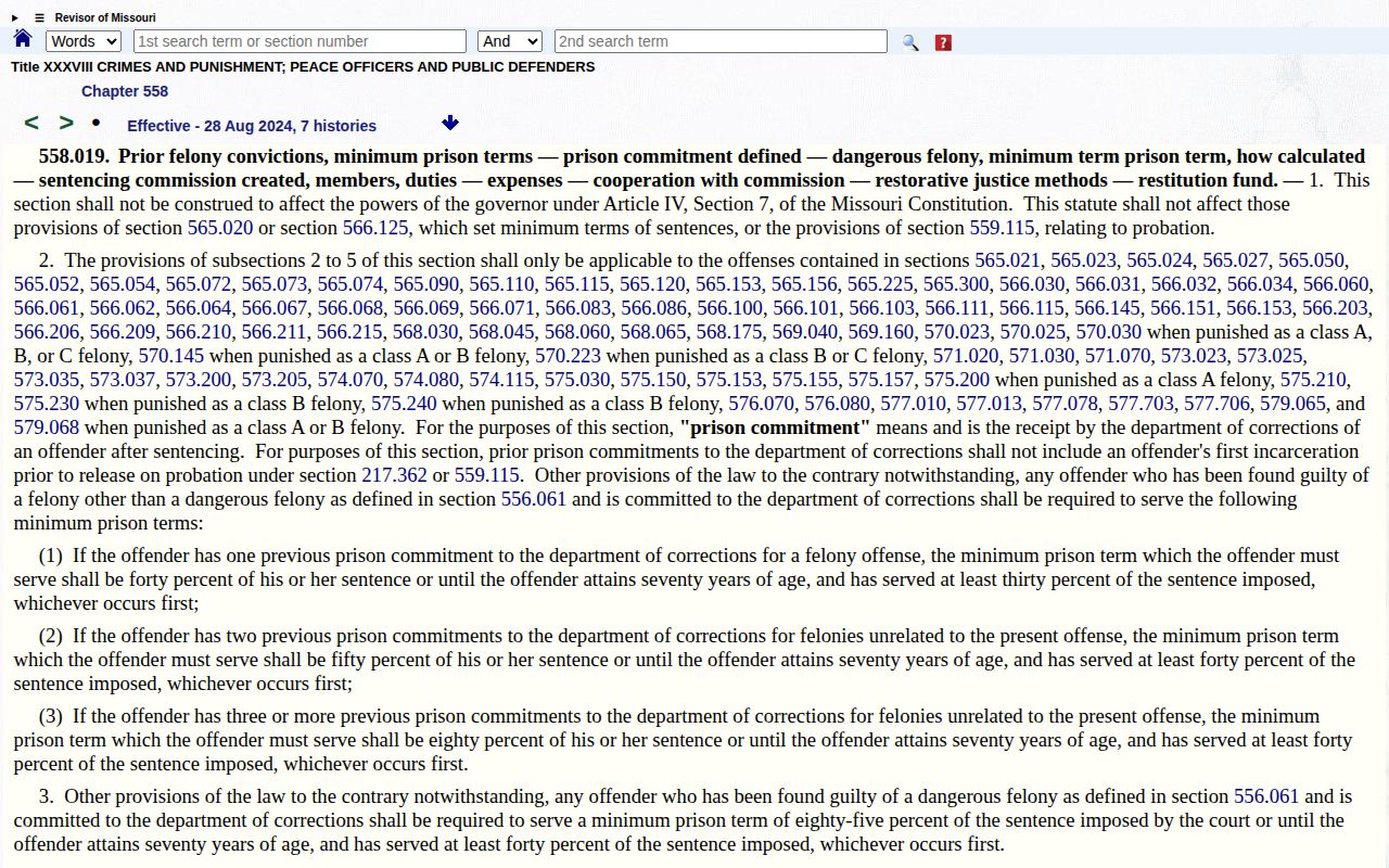 Missouri statute page explaining minimum prison terms and the targeted 85-percent rule