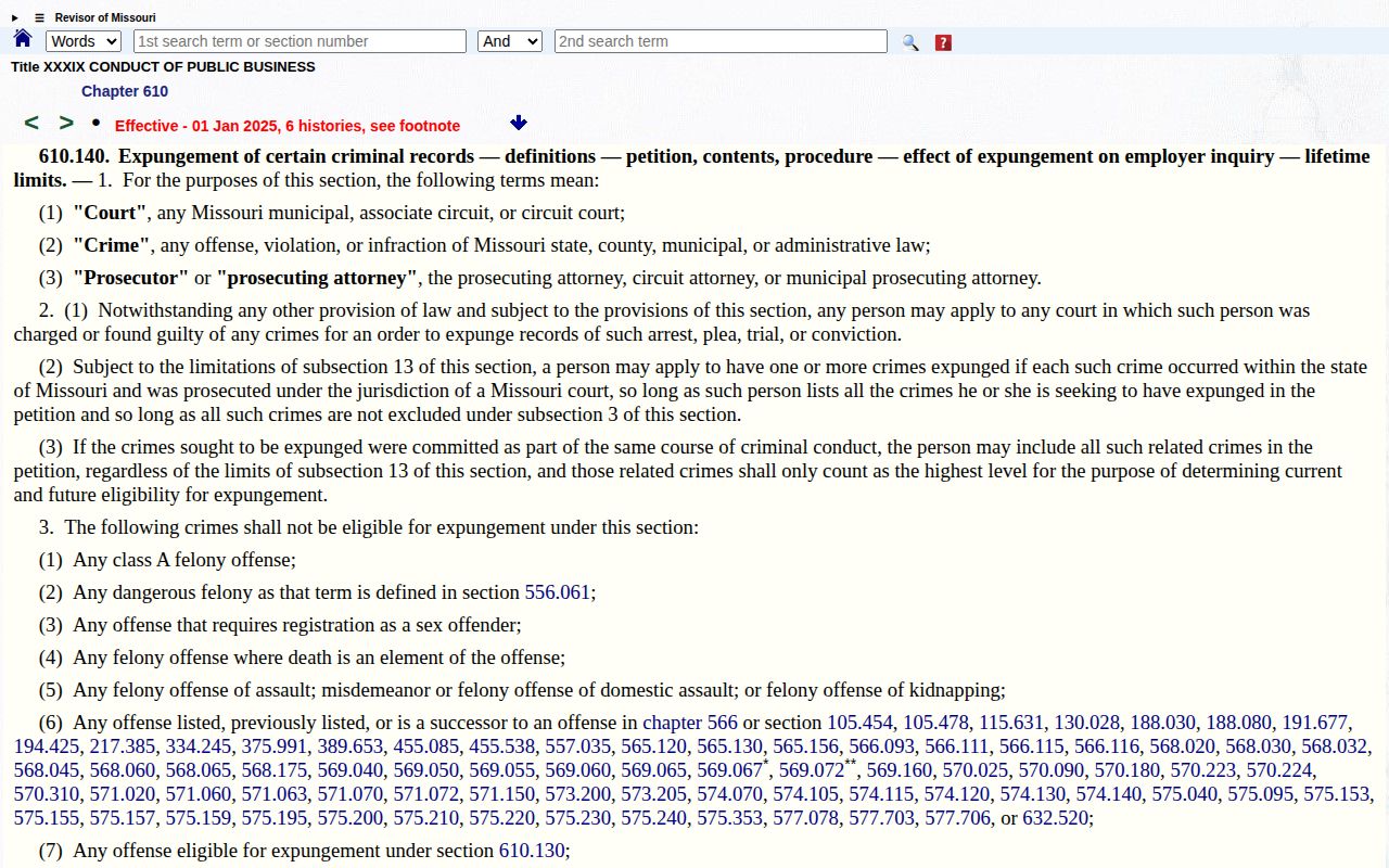 Missouri statute page on conviction and arrest expungement affecting booking-photo records