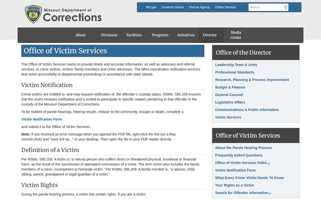 Moniteau County VINELink check and Missouri victim services scope