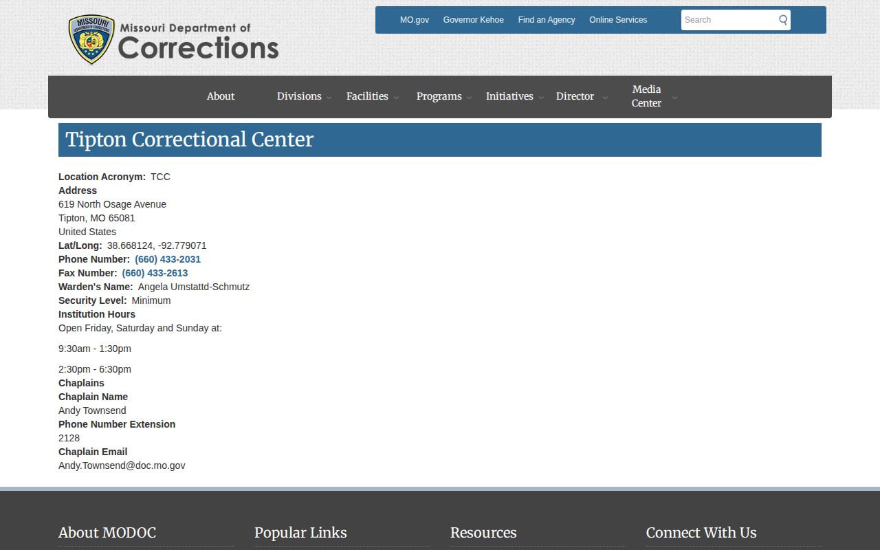 Tipton Correctional Center official offender release source